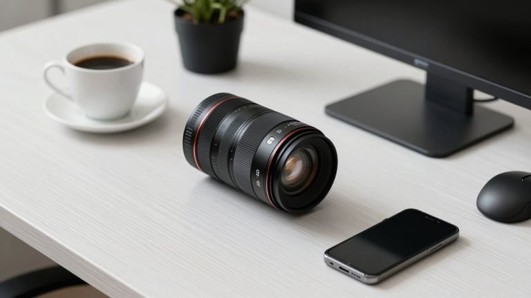 An organized and minimal workspace with a coffee cup and high-end tech accessories on a white wooden desk.