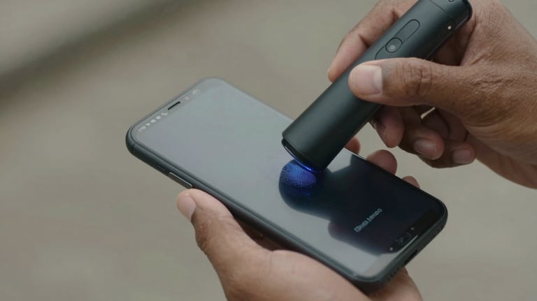 A detailed shot of a person using a biometric fingerprint scanner on a sleek mobile device, South American setting.