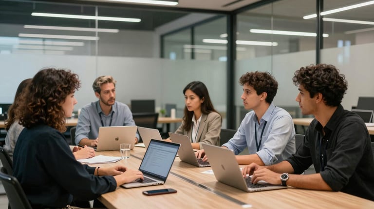 A group of tech professionals in a collaborative meeting room with glass walls in a Brazilian innovation hub.