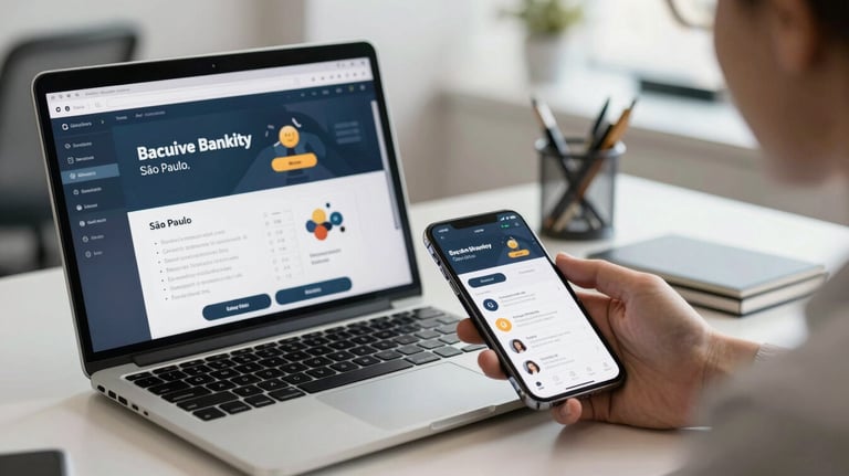A modern desk with a laptop and a smartphone showing a secure banking app interface in a bright office in São Paulo.