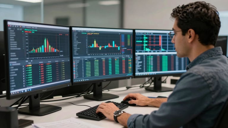 Professional photography of a South American financial analyst working with multiple screens displaying data streams.