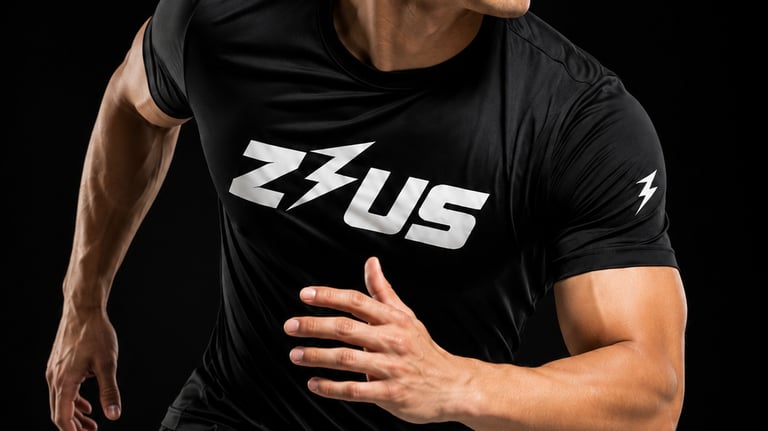Male athlete sprinting in a black Zeus workout shirt, showcasing lightweight activewear NZ.