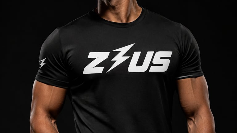 Male model in black Zeus workout shirt on black background showing stylish men's activewear NZ.