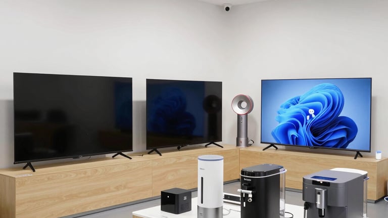 Modern electronics and appliances displayed neatly in a bright showroom