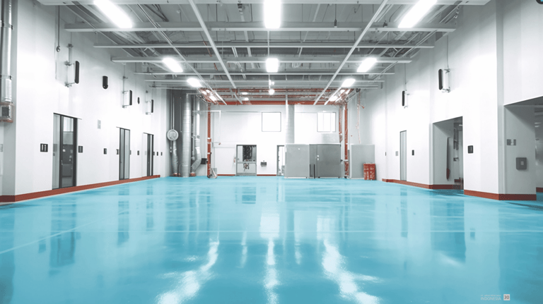 a large room with a blue floor and a white ceiling