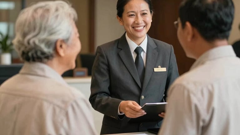 Candid photography of a hotel manager in Indonesia interacting warmly with an elderly couple at check-in. The focus is on the emotional connection and friendly service. Soft sand and charcoal tones in the attire.