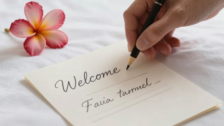 Close-up shot of a hand-written welcome note and a small tropical flower on a crisp white bedsheet in a hotel room. Soft cinematic lighting emphasizing detail and care in service.