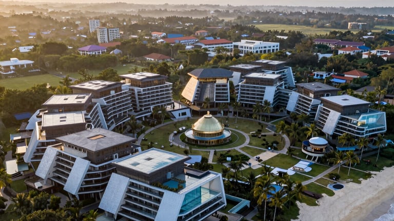 A beautiful drone shot of a beach resort in Indonesia at sunrise. The architecture blends with nature, reflecting a professional management project. The composition is cinematic and serene.