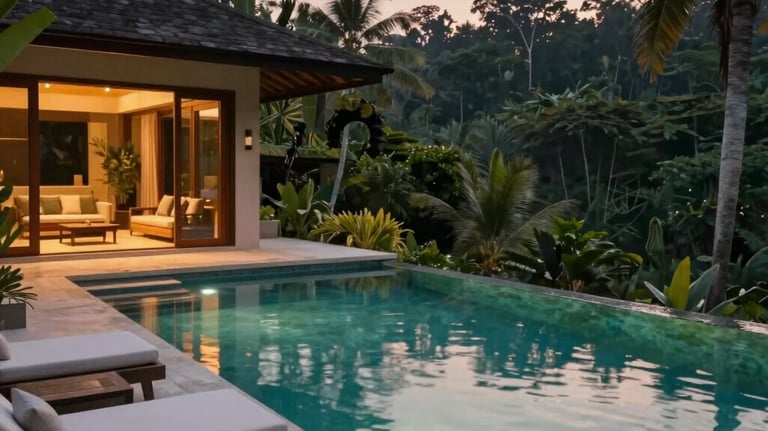A cinematic evening shot of a luxury private villa infinity pool overlooking a tropical forest in Indonesia. The lighting is warm and inviting, showcasing the high-end management results.