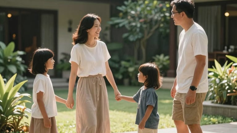 A lifestyle photography shot of a family playing together in a sunlit hotel garden in Indonesia. The mood is joyful and authentic, showing the human side of hospitality.