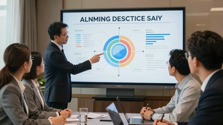 A professional business meeting in a bright, modern Indonesian hotel office. A management team is looking at a digital strategy board with focus and collaboration. High-quality corporate photography with warm lighting.