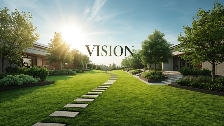 Beautiful landscaped yard with the word vision representing future growth and outdoor transformation