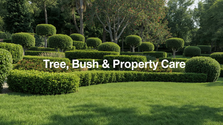 Trimmed bushes with title Tree, Bush & Property Care