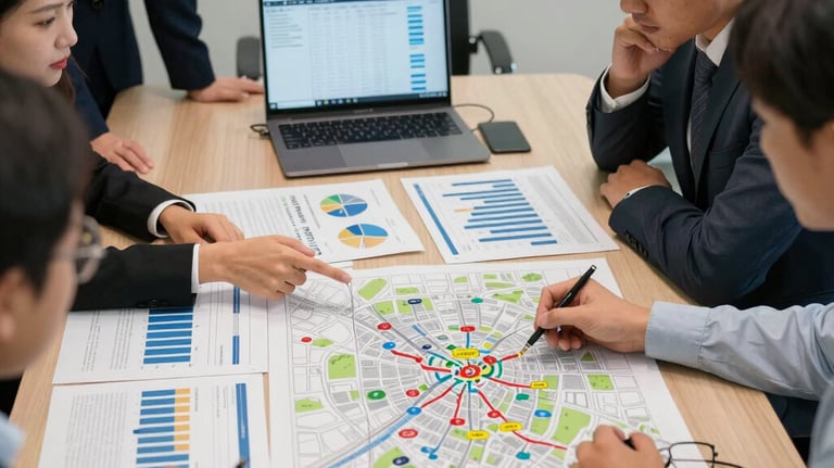 A professional researcher analyzing data charts in a modern office setting