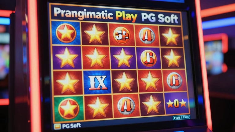A vibrant but professional visual of a slot machine interface showing winning symbols, featuring Pragmatic Play and PG Soft style, using brand colors.