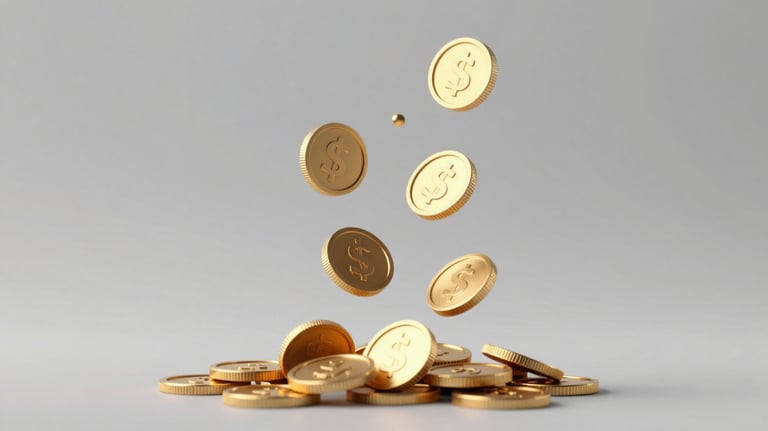An abstract 3D render of cascading coins in gold (#F5B041) against a soft grey background, representing rollingan bonuses.