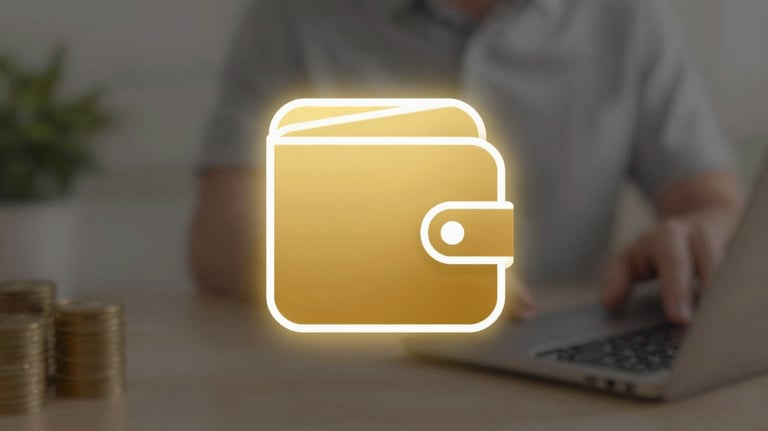 A modern digital wallet icon glowing with gold light (#F5B041), representing cashback rewards and financial stability for players.
