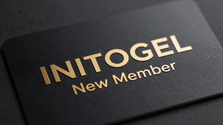 Close-up of a premium member card with gold embossed text, symbolizing the INITOGEL New Member privilege, set against a dark, textured background.