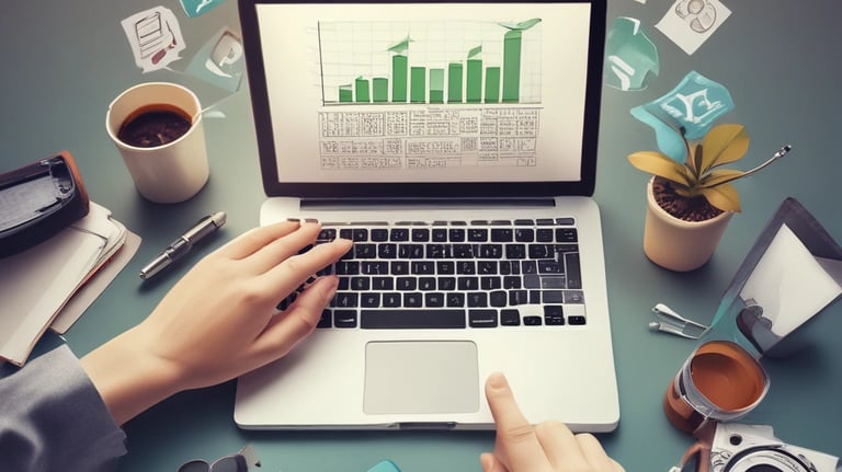 A confident entrepreneur reviewing campaign results on a tablet in a modern office.