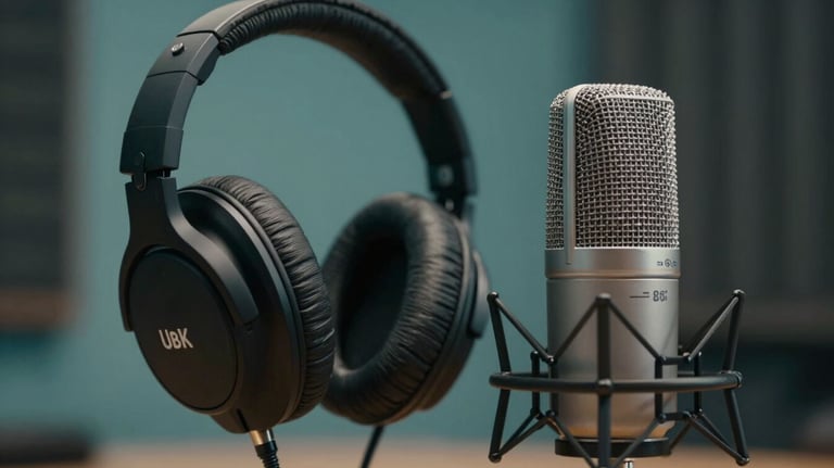 Close-up of a high-quality microphone and headphones in a professional British / UK podcasting studio with soft teal lighting.