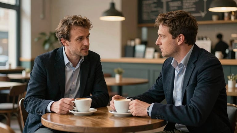 Two professionals discussing brand strategy over coffee in a stylish Newcastle Upon Tyne, UK cafe environment.