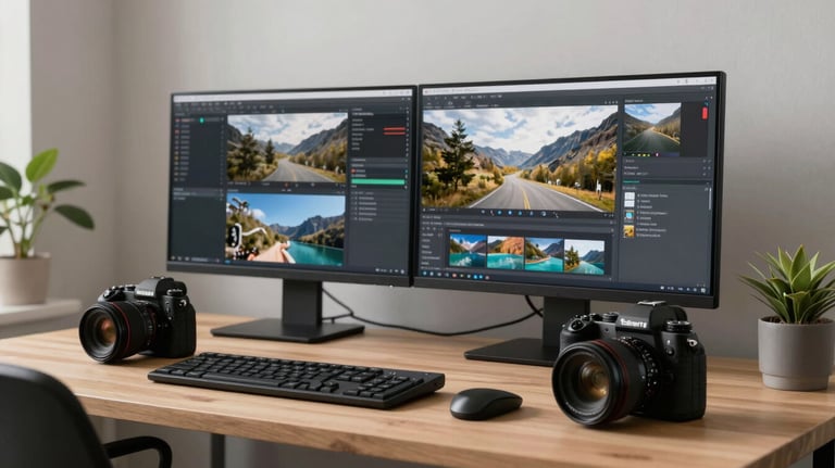 A professional desk setup in a modern British / UK home office with high-end camera gear and editing screens showing travel vlogs.
