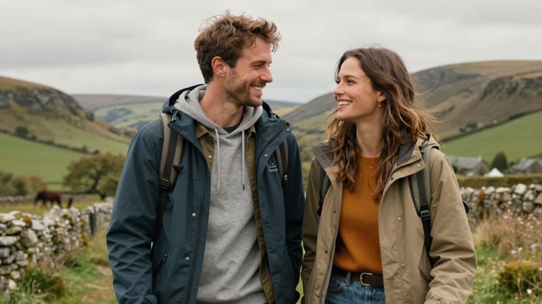 A cheerful couple of travel vloggers in a scenic British / UK countryside setting, dressed in stylish outdoor wear, capturing the 'Those Happy Days' brand mood.