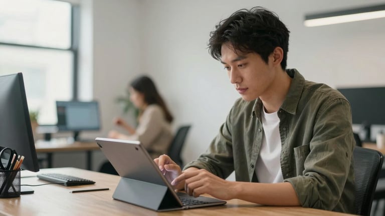 A focused content creator reviewing analytics on a tablet in a bright British / UK co-working space.