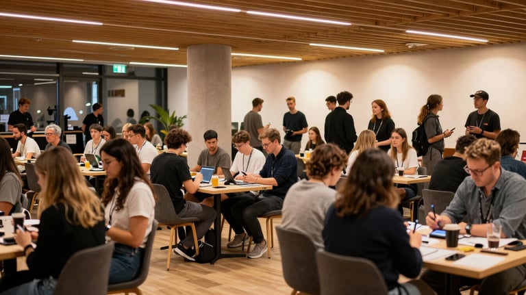 A vibrant community event for digital creators in a modern British / UK event space with warm lighting.