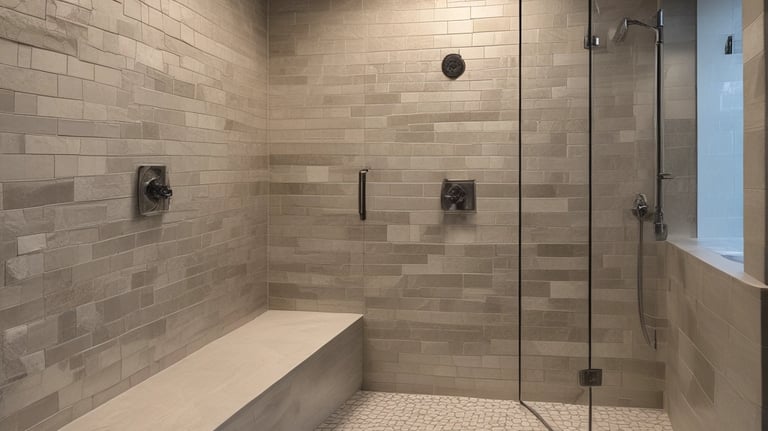 Showcase of a newly installed shower with crushed stone surrounds.