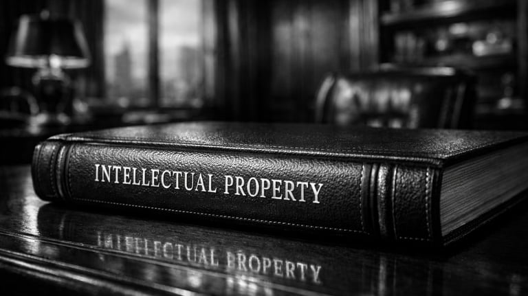 Black and white image of an Intellectual Property law book on a polished wooden desk in a law office.