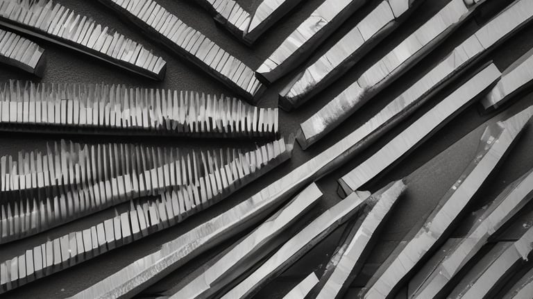 Abstract black and white architectural wall art with jagged geometric metal shards in a radial pattern.