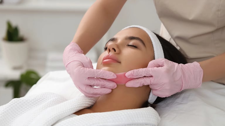 Beautician giving facial treatment to woman at beauty clinic