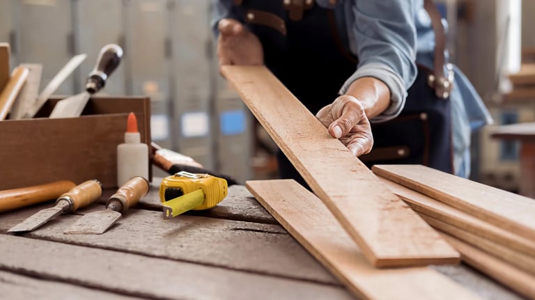 Carpenter working with wooden planks in workshop