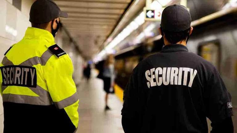 Security guards are stationed at the metro station, monitoring the platform.