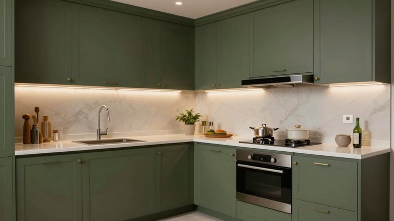 Detailed shot of an L-shaped kitchen layout with olive green cabinetry and integrated lighting. Modern South Asian / Indian kitchen styling.