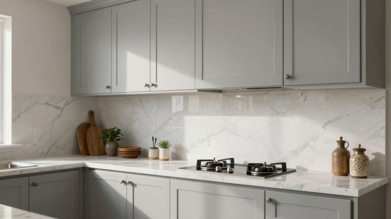 Clean and bright kitchen interior featuring light gray cabinetry and a white marble backsplash. South Asian / Indian style decor, sophisticated morning lighting.