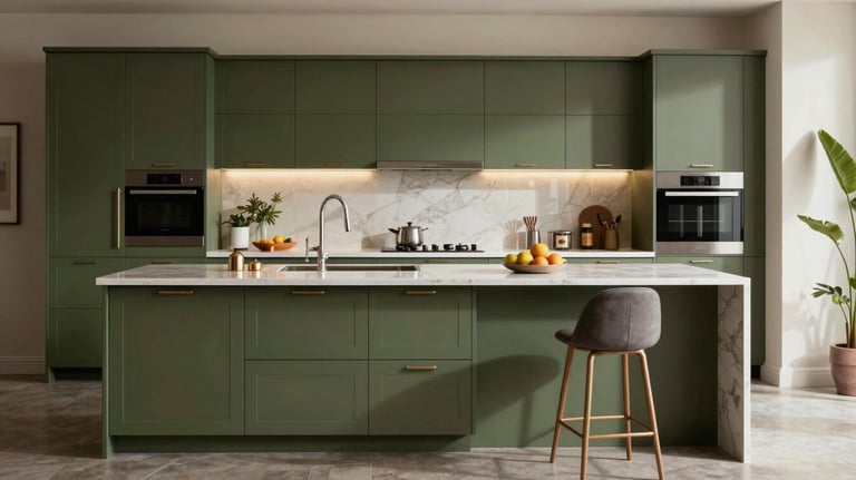 Luxurious olive green modular kitchen with a large center island and modern bar stools. South Asian / Indian residential interior, sophisticated lighting design.