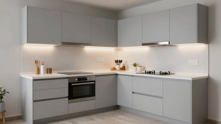 Compact and efficient L-shaped kitchen in a Pune apartment. Light gray and white color palette, maximizing storage with clever corner solutions.