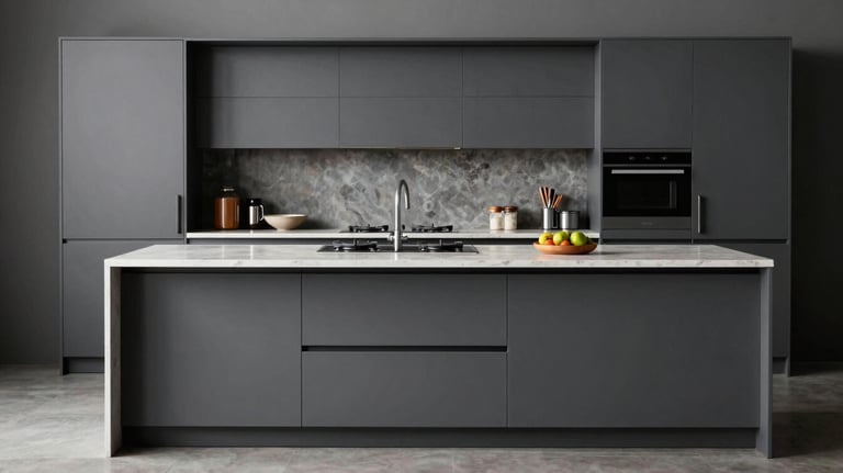 Modern modular island kitchen with a charcoal gray finish. The scene includes high-end appliances and a minimalist South Asian / Indian kitchen setup. Professional studio lighting.