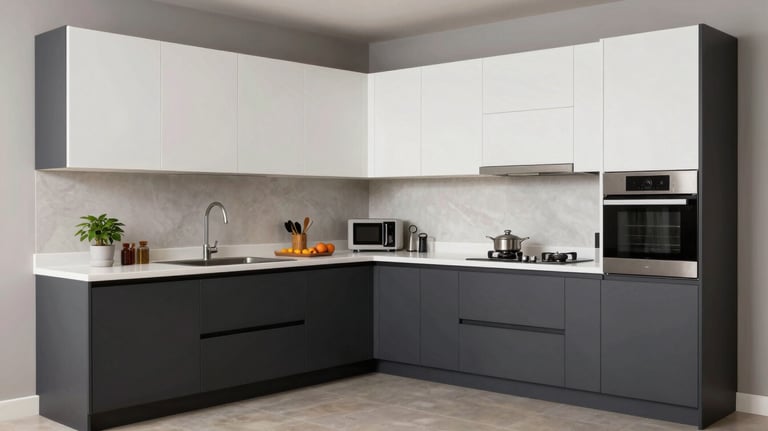 Sleek L-shaped modular kitchen with dark charcoal lower cabinets and white upper cabinets. South Asian / Indian architecture, clean lines, and modern kitchen accessories.