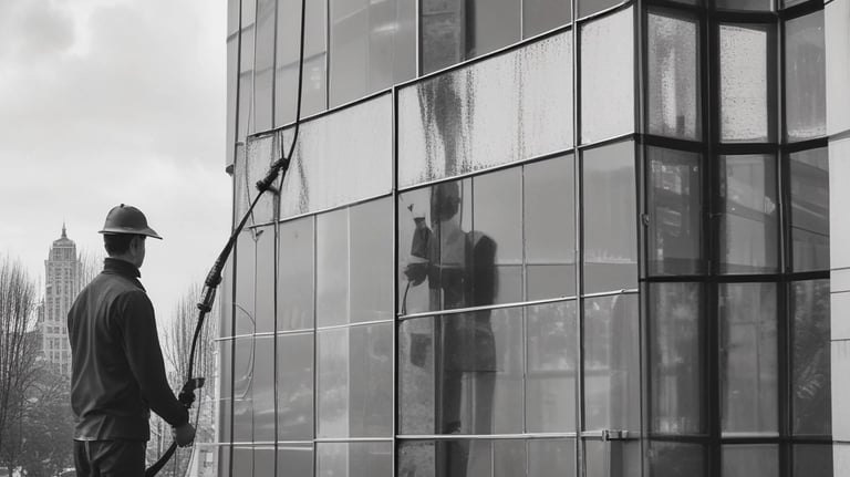 Close-up of clean glass facade with soft green reflections