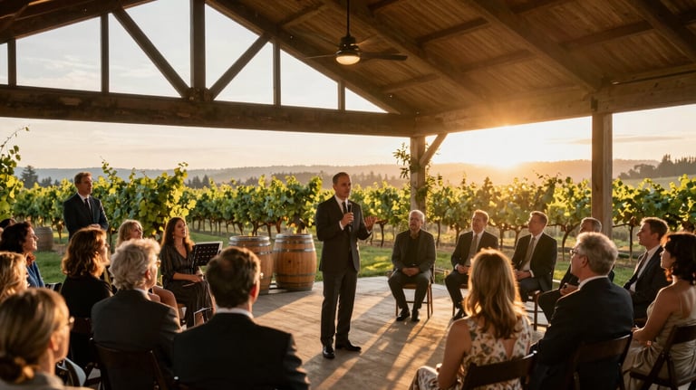 A small, intimate operatic performance taking place in a rustic, elegant winery setting in Washington state. Warm gold sunset lighting and a sophisticated audience.