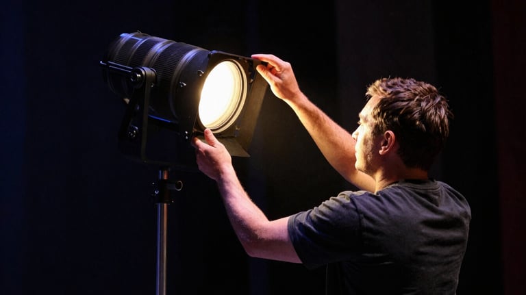 A professional stage technician adjusting a spotlight in a theater in the Pacific Northwest US. The scene uses dark navy shadows and warm gold highlights to convey professional integrity.
