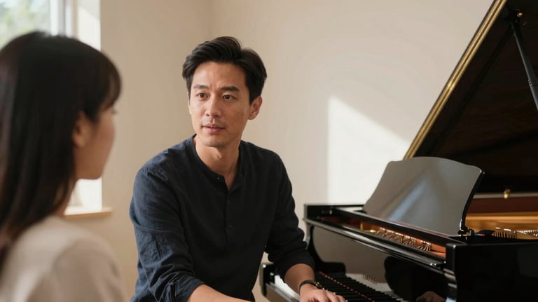 A close-up of a vocal coach working with a student in a sunlit studio in the Pacific Northwest US. Elegant surroundings with a grand piano and cream-colored walls.
