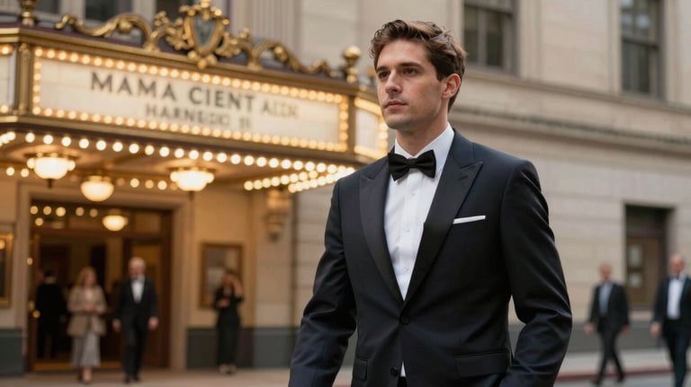 An usher in a sophisticated dark suit welcoming guests into a theater in Washington state. The background features warm gold lighting and classic architecture.