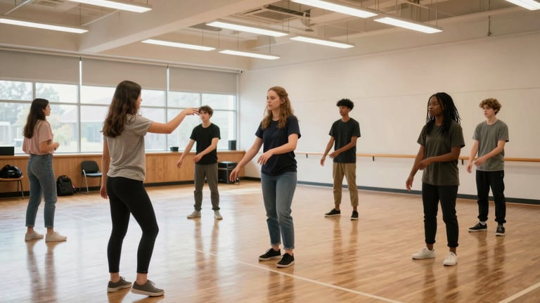 A group of diverse students engaged in a performing arts workshop in a modern community center in the Pacific Northwest US. Bright, inspiring lighting.