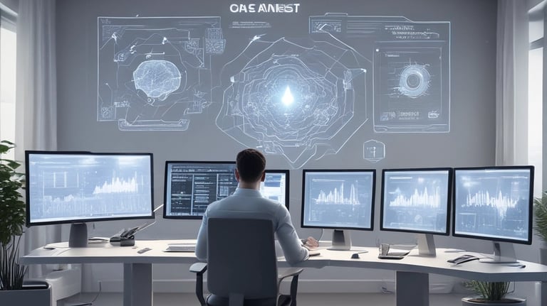 Un profesional de TI supervisa datos en pantallas futuristas en una oficina de alta tecnología.