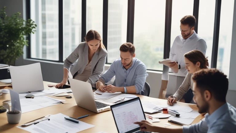 Equipo diverso de profesionales creativos que colaboran en un proyecto en un espacio de trabajo