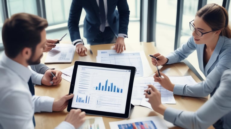 Equipo de negocios profesional analizando gráficos de datos financieros en una tableta